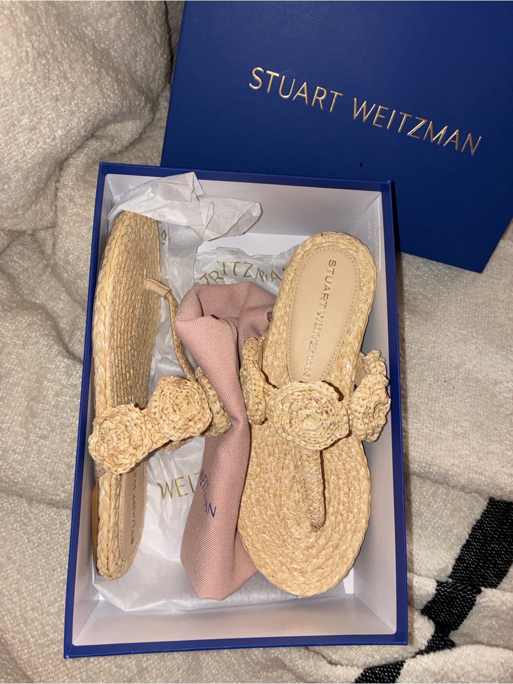 Stuart Weitzman Natural Braided Floral Thong Sandals